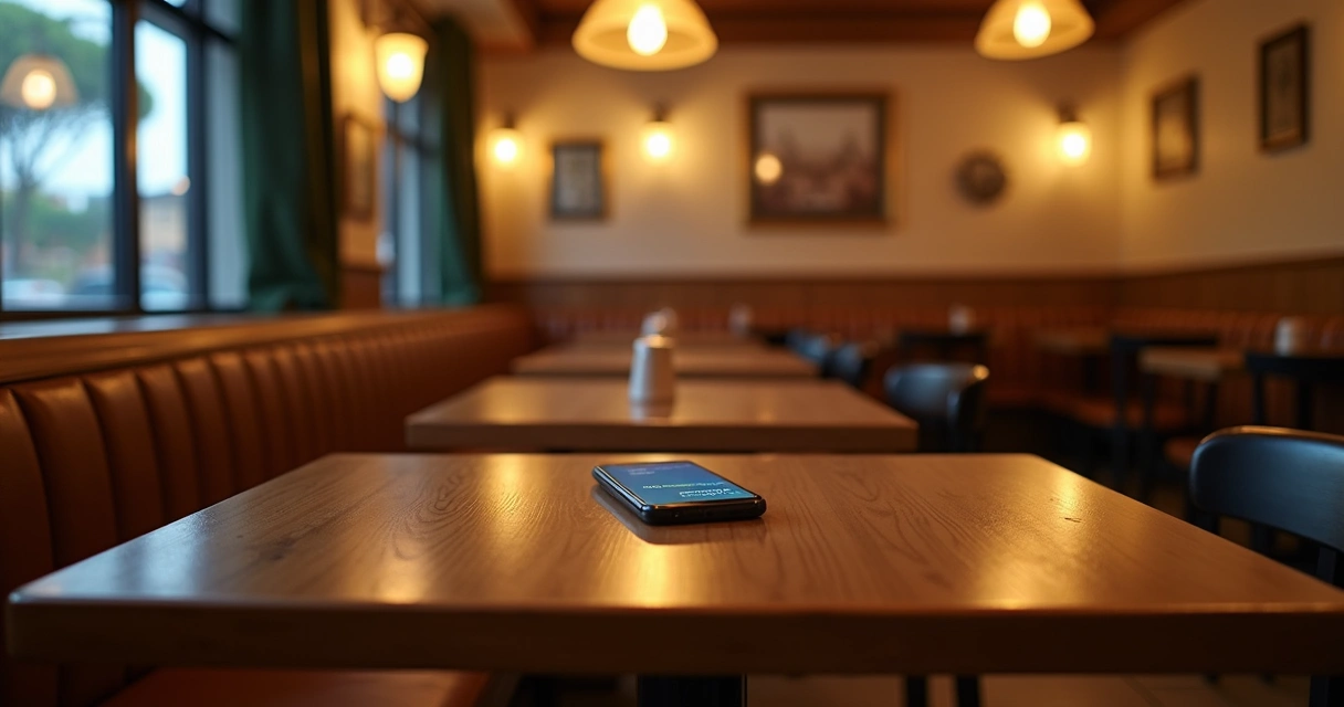 Restaurante com mesas vazias e celular recebendo mensagens promocionais