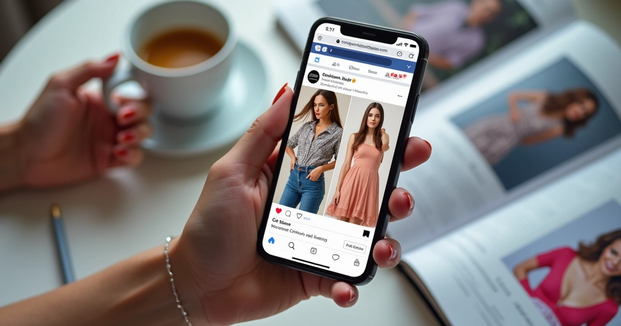 Tela de smartphone mostrando promoção de roupas para mulheres em rede social 