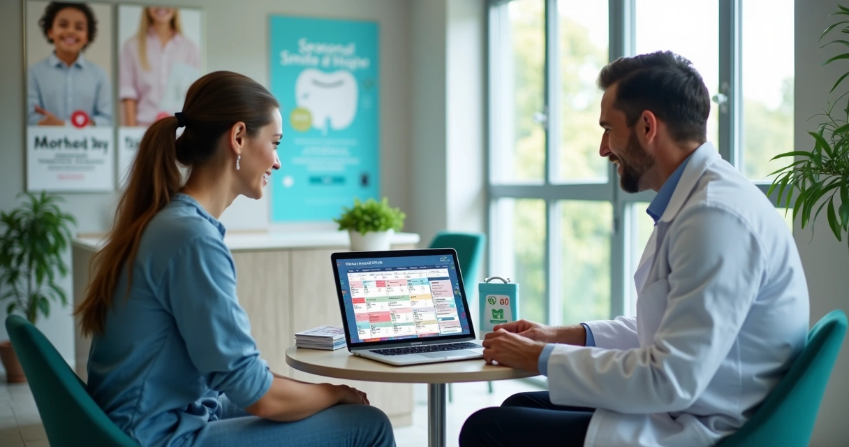 Dentista mostra calendário sazonal a paciente em consultório moderno 