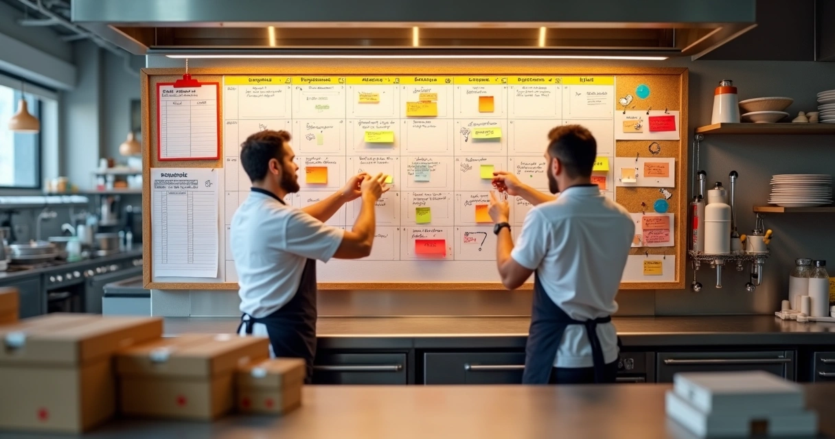Cozinha profissional com mural mostrando calendário de campanhas sazonais de delivery 