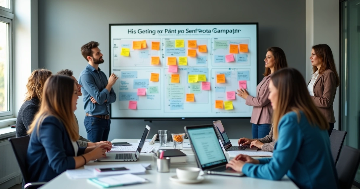 Equipe de marketing planejando campanhas segmentadas usando quadros e computadores 