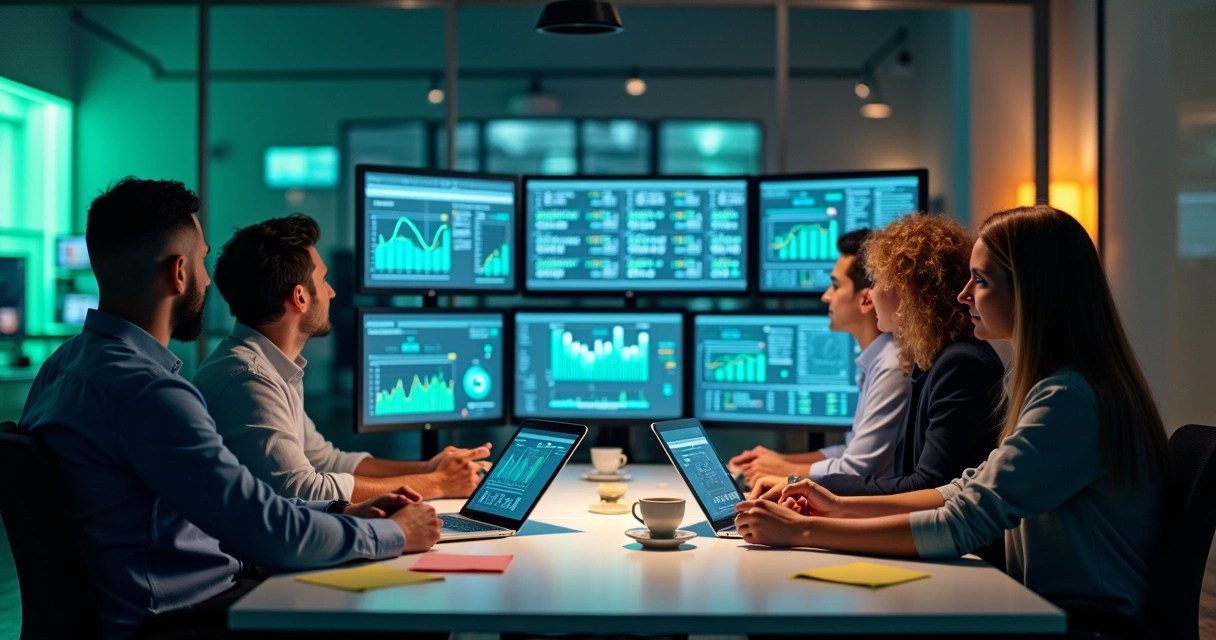 Equipe de marketing analisando dados de campanha em várias telas 