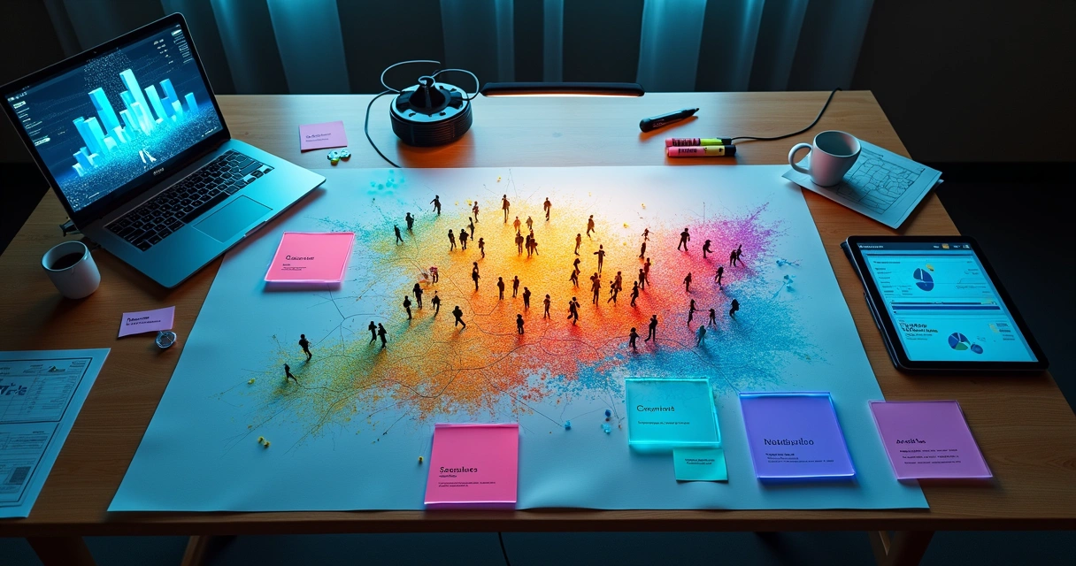 Mesa com mapas de dados e grupos segmentados em campanha de marketing 
