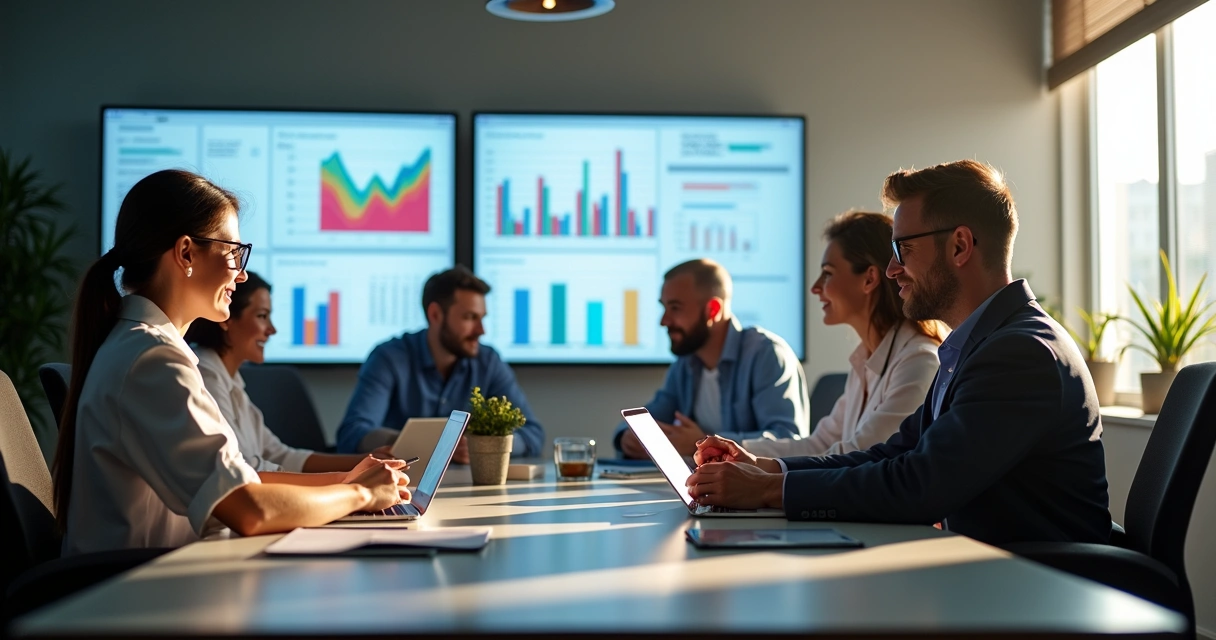 Equipe de marketing analisando campanhas em telas ao fundo com gráficos 
