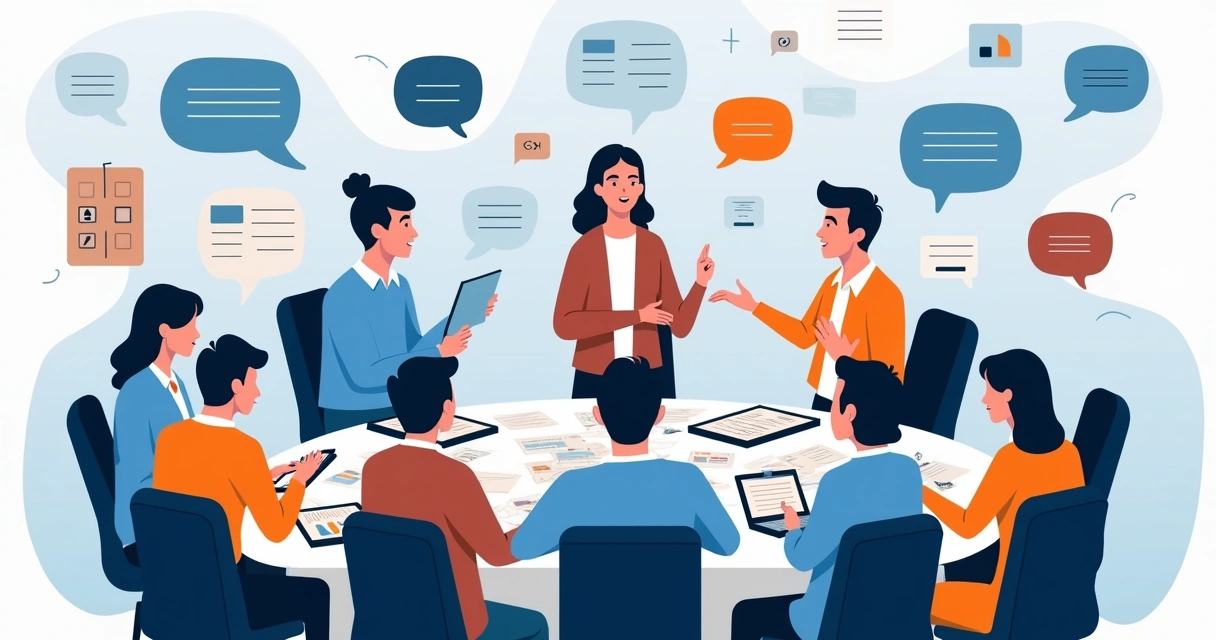 Ilustração sindicalista em reunião digital debatendo propostas e argumentações opostas.