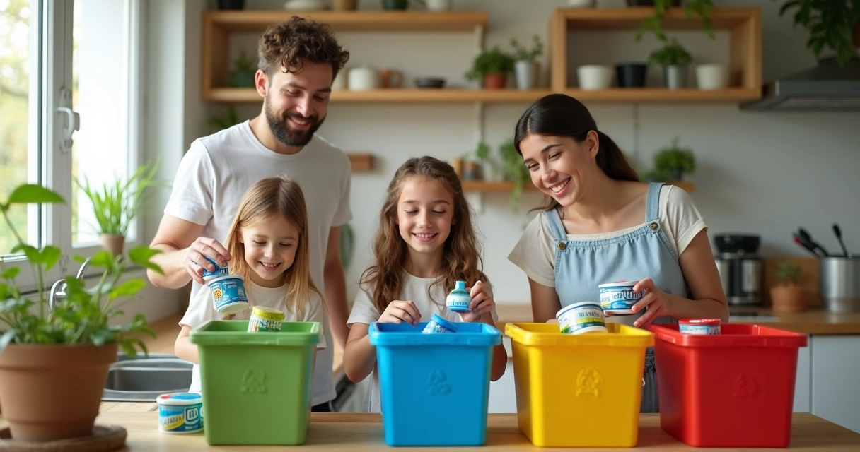 Família reciclando potes de margarina Qualy 