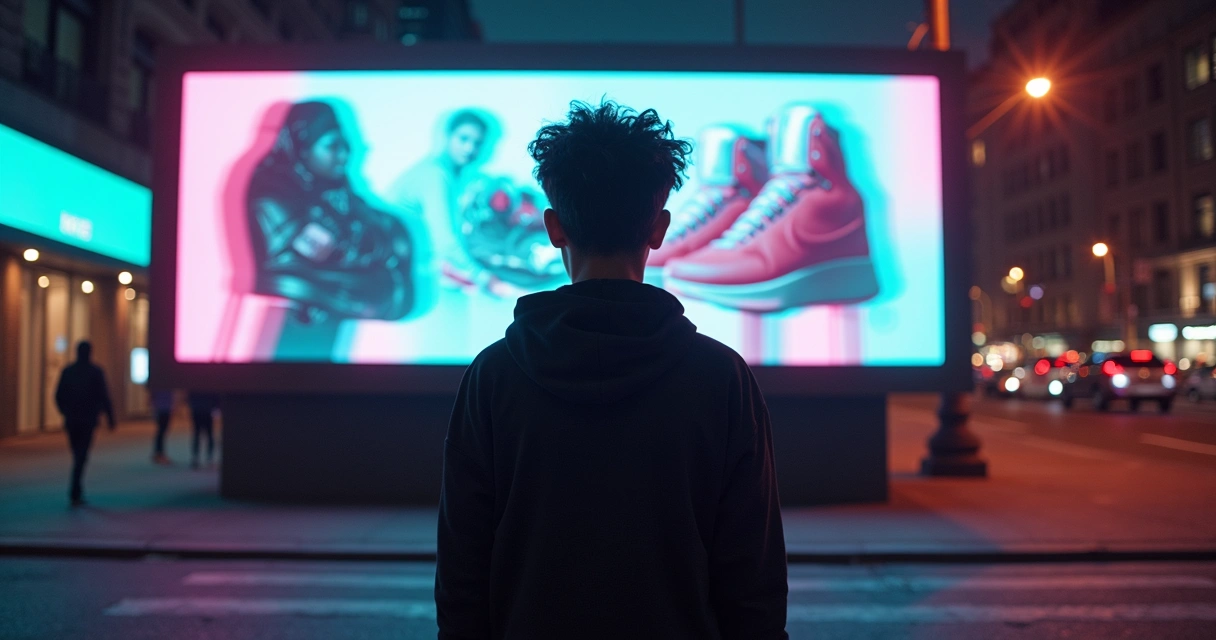 Jovem olhando para outdoor de lançamento de streetwear 