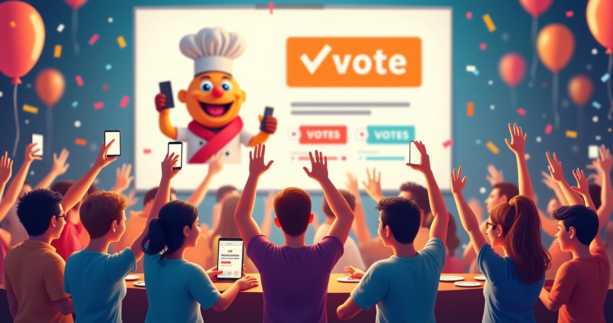 Fãs de Tiny Chef votando em enquetes online com Tiny Chef feliz na tela
