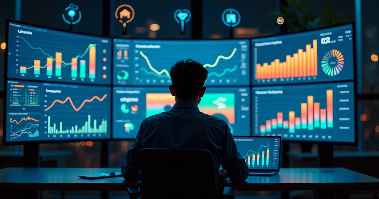 Dashboard de campanha de tráfego com analista observando gráficos em tela gigante 