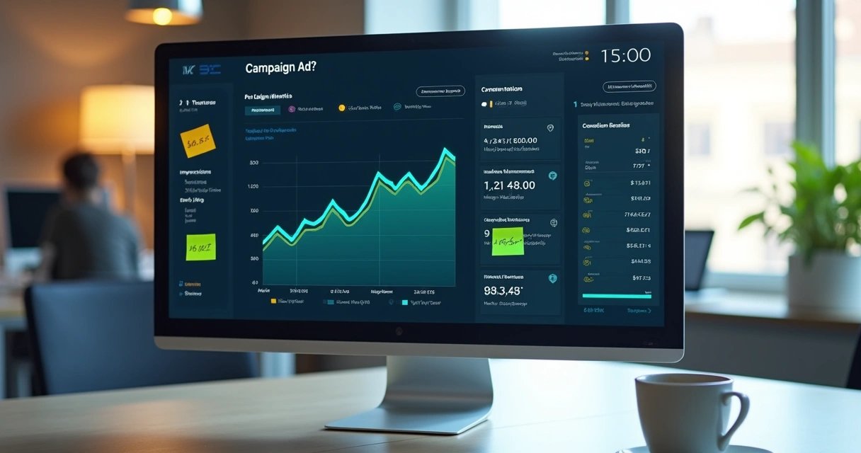 Monitor de computador exibindo métricas de anúncios online 
