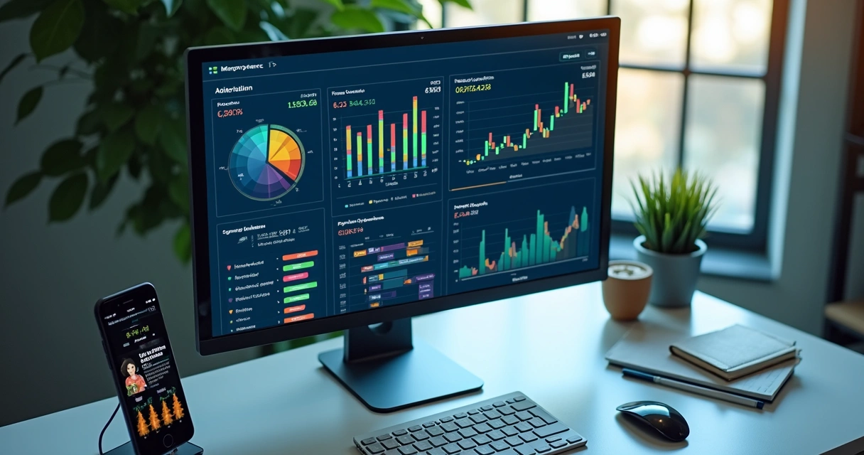 Tela de computador exibindo painel de anúncios digitais com gráficos coloridos e dados de métricas de tráfego pago