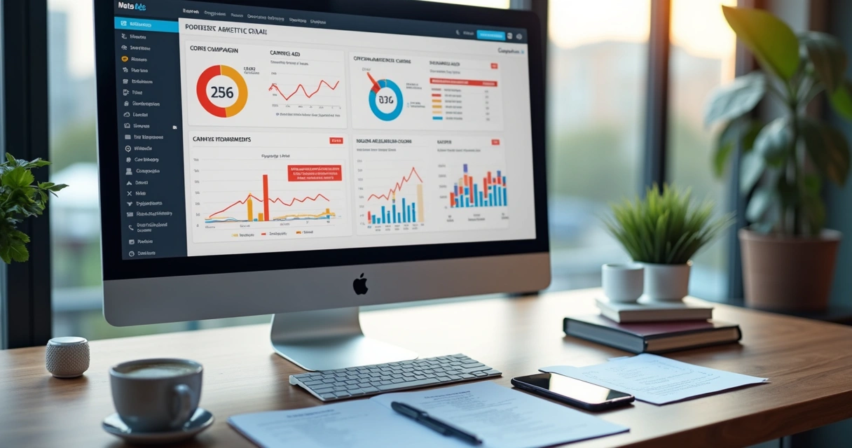 Mesa de trabalho com computador exibindo gráficos de campanhas pagas e anotações com erros destacados 