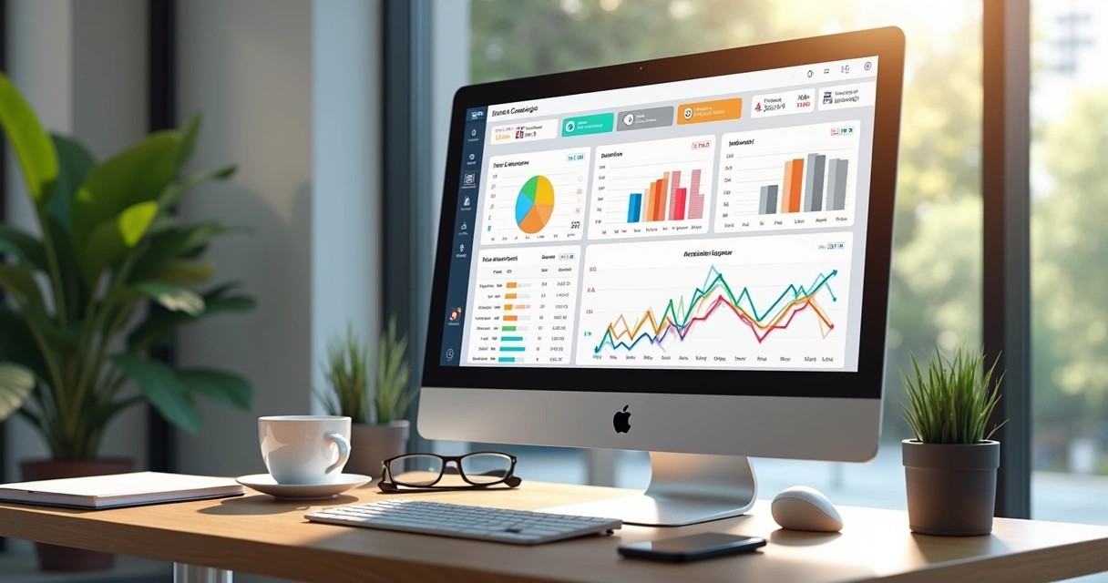 Computador na mesa exibindo análise de campanha de tráfego pago com gráficos e indicadores de erro 