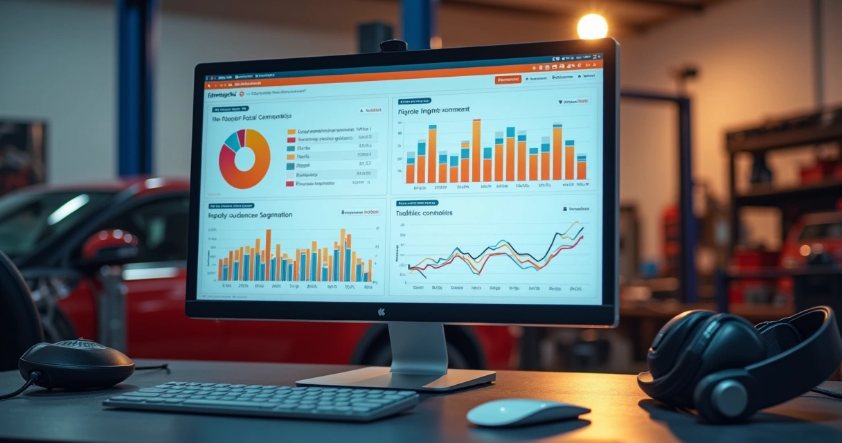 Computador exibindo painel de campanhas de tráfego pago com gráficos e segmentação para oficina mecânica 