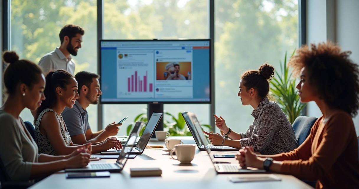 Equipe de marketing digital analisando conteúdo gerado por usuários em laptops e celulares 