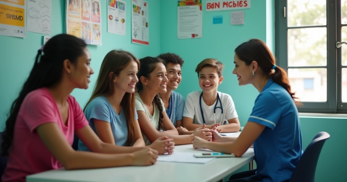 Jovens em fila recebendo vacina HPV em posto de saúde 