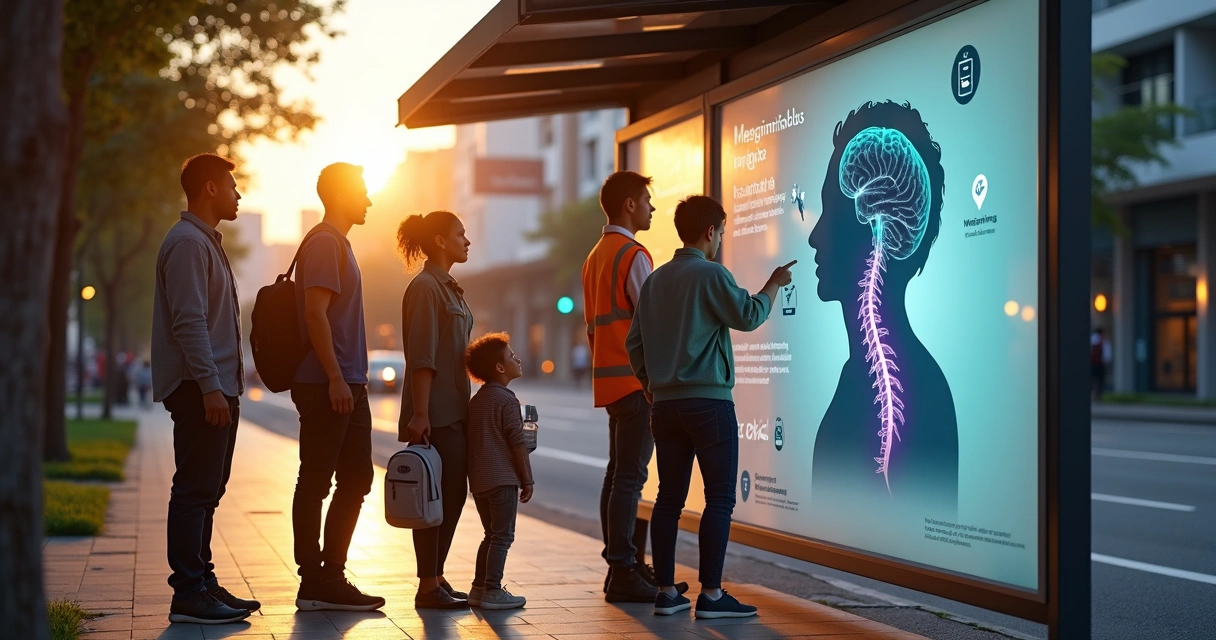 Cartaz de campanha de vacinação contra meningite em ambiente urbano moderno 