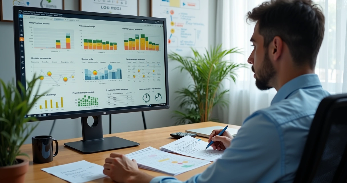 Candidato a vereador analisando cálculos eleitorais em tela com gráficos e mapa da cidade 