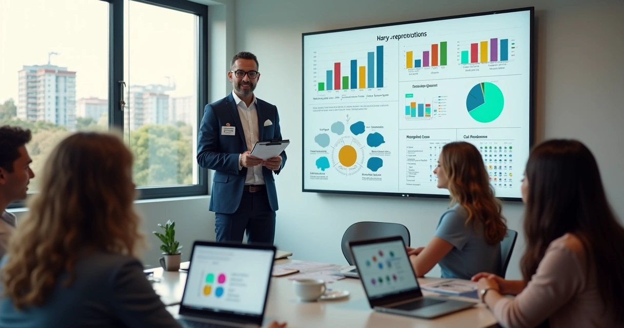 Candidato a vereador falando com eleitores em reunião de campanha com gráficos ao fundo 