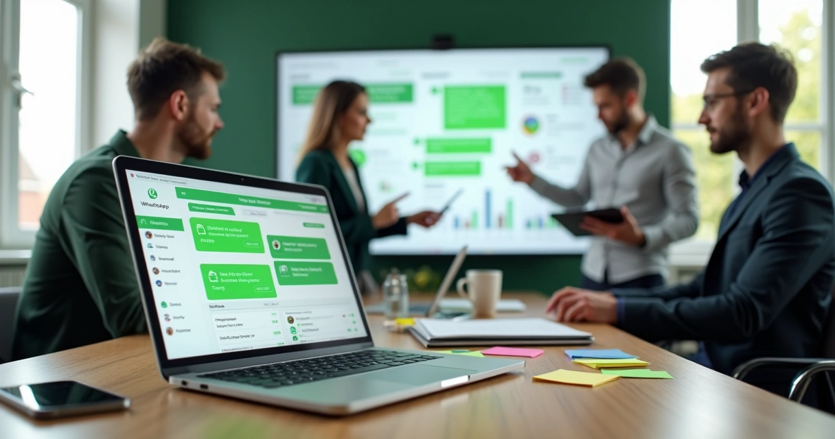 Equipe de marketing criando campanha de WhatsApp em notebook com painel de mensagens e gráficos 