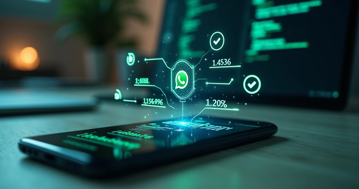 Smartphone exibindo interface de mensagens do WhatsApp em cenário de escritório moderno com gráficos e códigos ao fundo indicando segurança e controle de campanhas 
