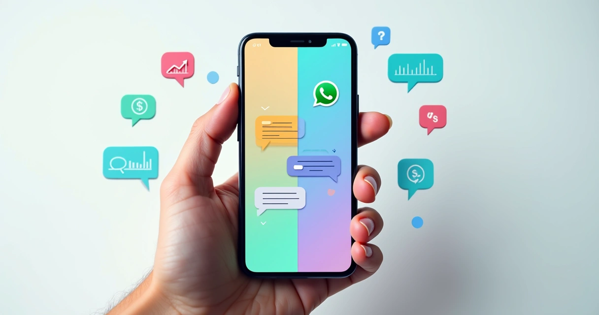 Smartphone exibindo mensagens de WhatsApp e SMS em tela dividida com elementos relacionados a vendas e comunicação digital ao redor 