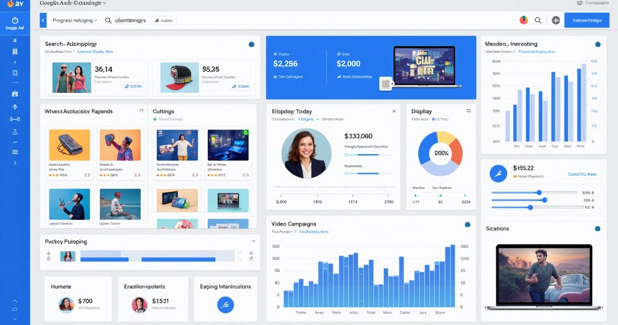 Dashboard de campanhas do Google Ads para e-commerce, com gráficos de desempenho e produtos em destaque 