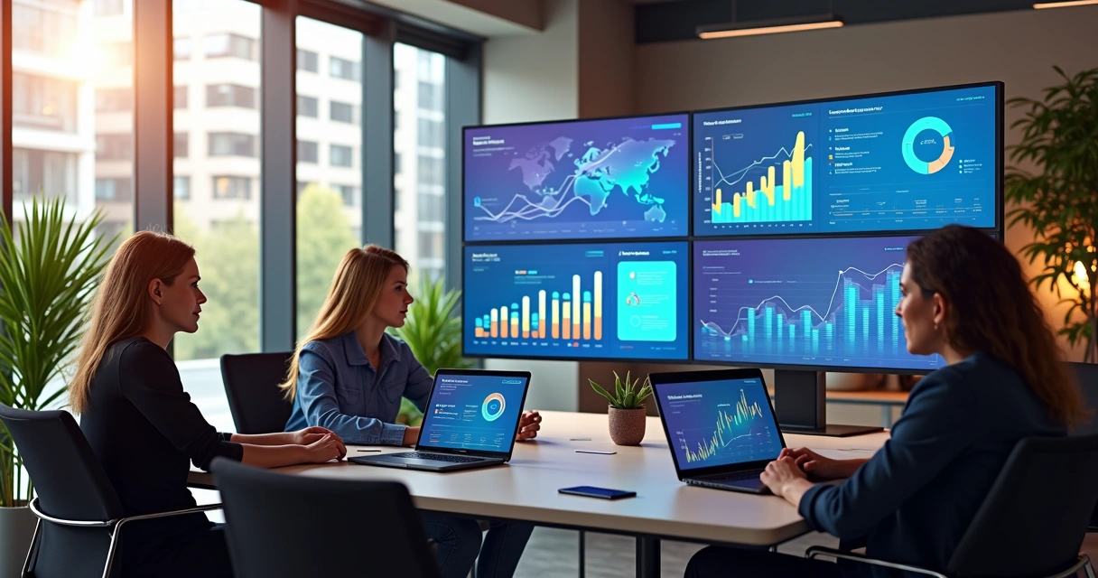 Equipe de marketing reunida em escritório moderno com telas mostrando gráficos de campanhas e promoção digital 