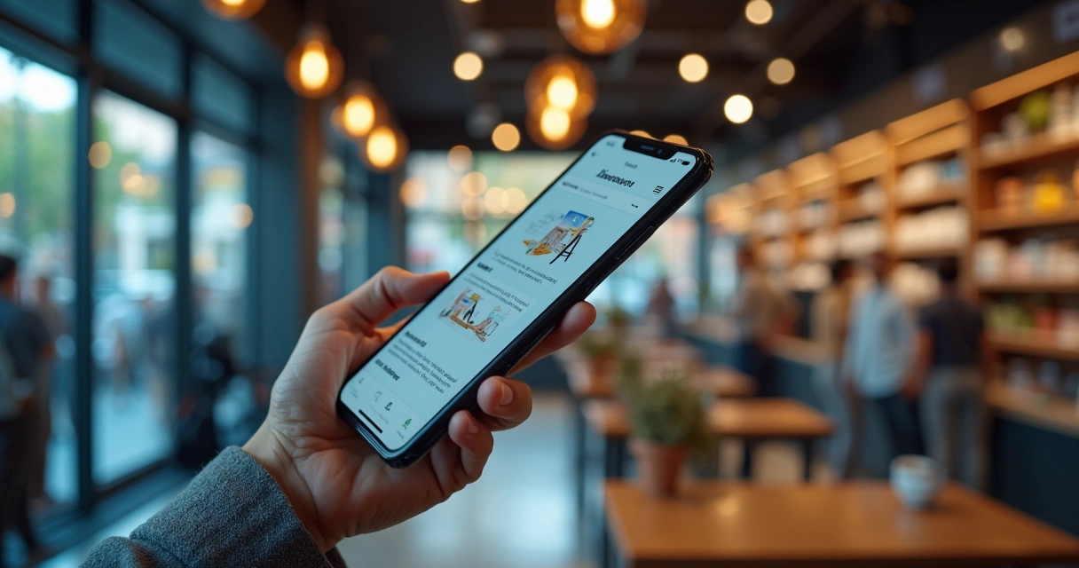 Loja física e online integradas com clientes usando dispositivos móveis e telas digitais interativas mostrando campanhas omnichannel 