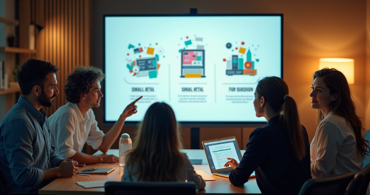 Equipe discutindo diferentes mensagens de campanhas em telas 