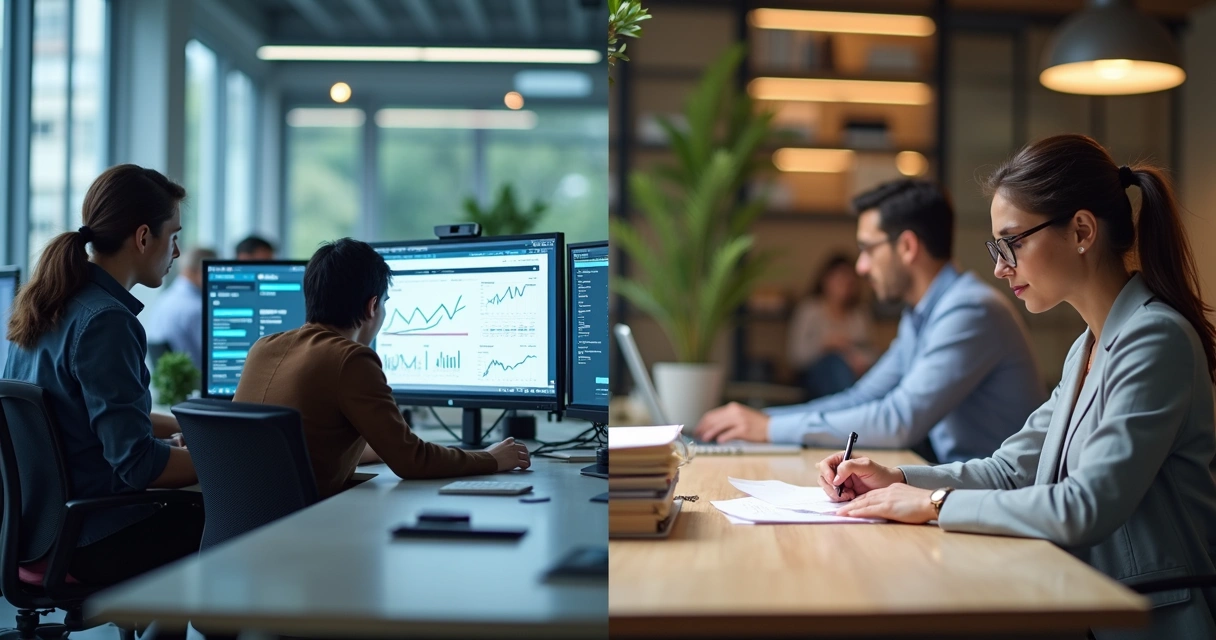 Comparação visual entre campanha de marketing automatizada e manual em escritório moderno com equipe trabalhando 