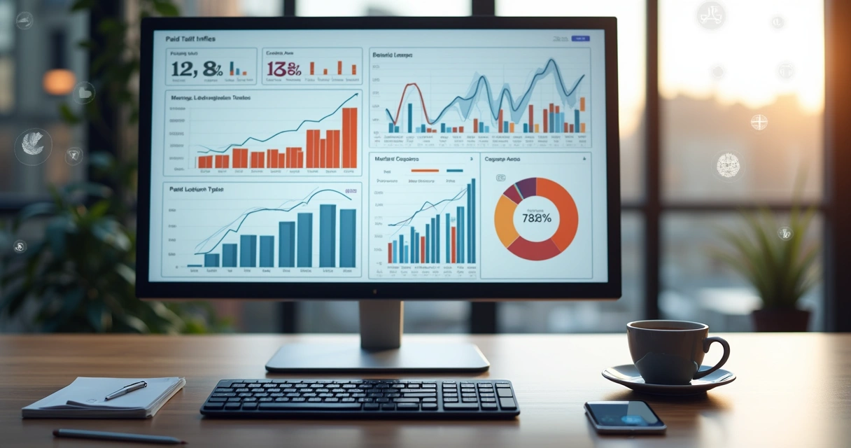 Painel digital com gráficos de métricas de tráfego pago exibindo CPC, CPM e ROI em um ambiente de escritório moderno 