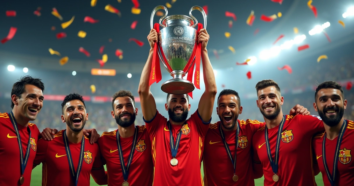 Jogadores comemorando título da Champions League com troféu