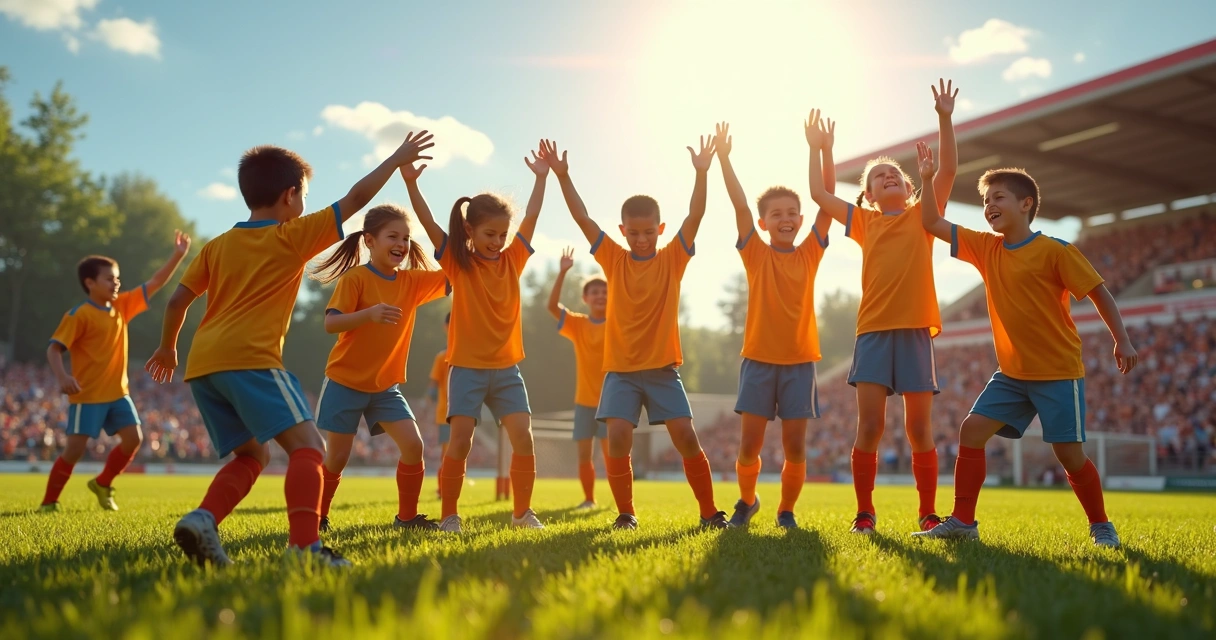 Time de futebol juvenil comemorando gol em campeonato local 