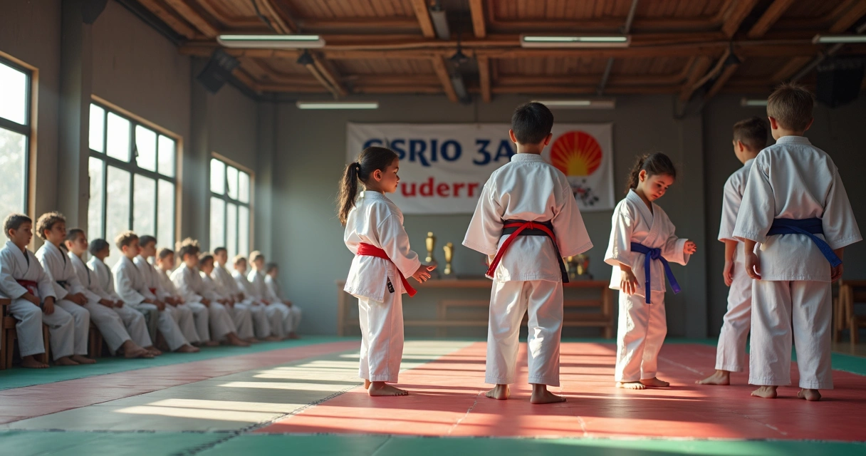 Alunos reunidos em um campeonato interno de academia de lutas 