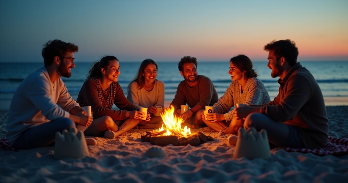 Friends sitting around a campfire, laughing and talking on a quiet night 