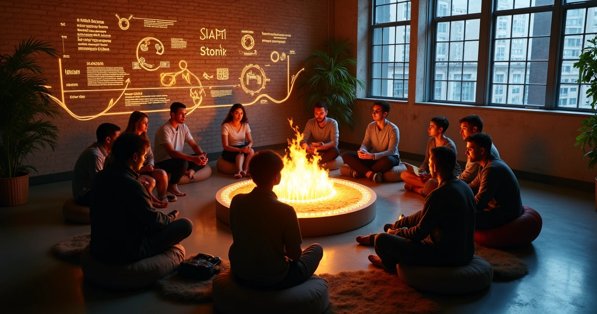 Cross-functional work team sharing stories around an indoor campfire installation 
