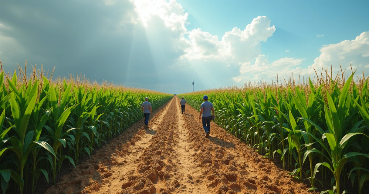Lavoura de milho parcialmente seca com equipamento meteorológico ao fundo