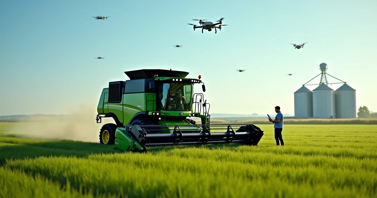 Colhedora agrícola em lavoura conectada com tablet e sensores 