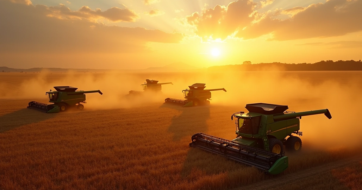 Máquinas agrícolas colhendo soja em lavoura