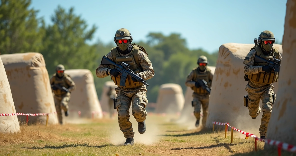Campo de airsoft com jogadores equipados em ação 