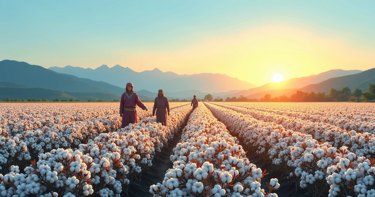 Campo de cultivo de algodão egípcio com trabalhadores colhendo manualmente