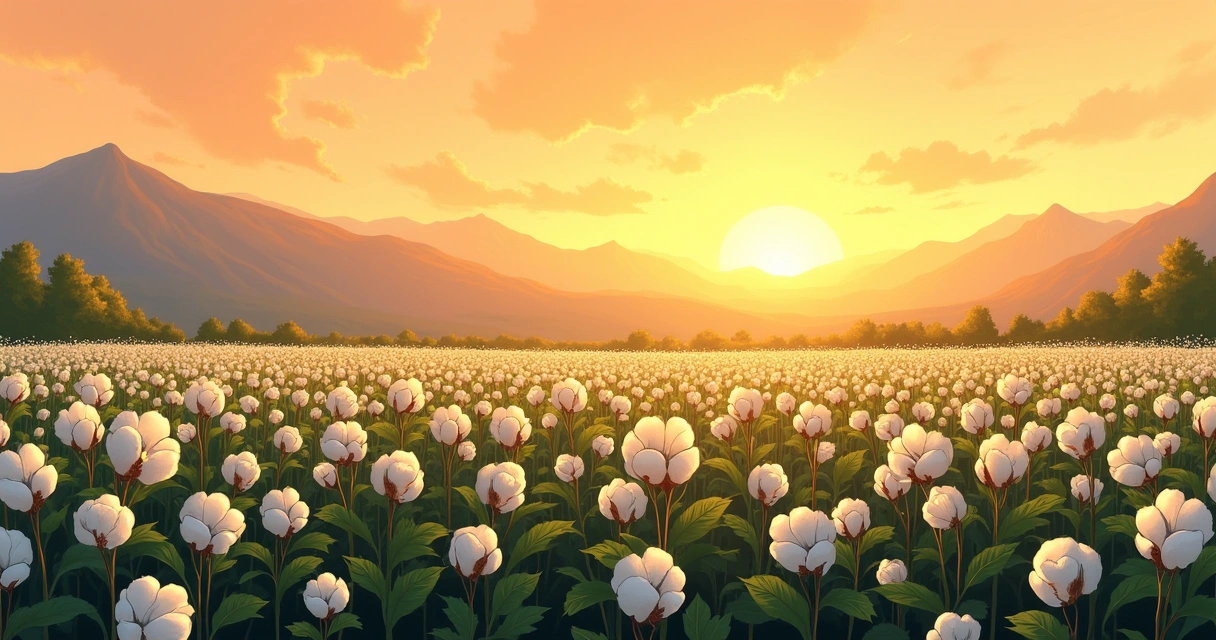 Campos de algodão peruano ao entardecer com plantas prontas para colheita.