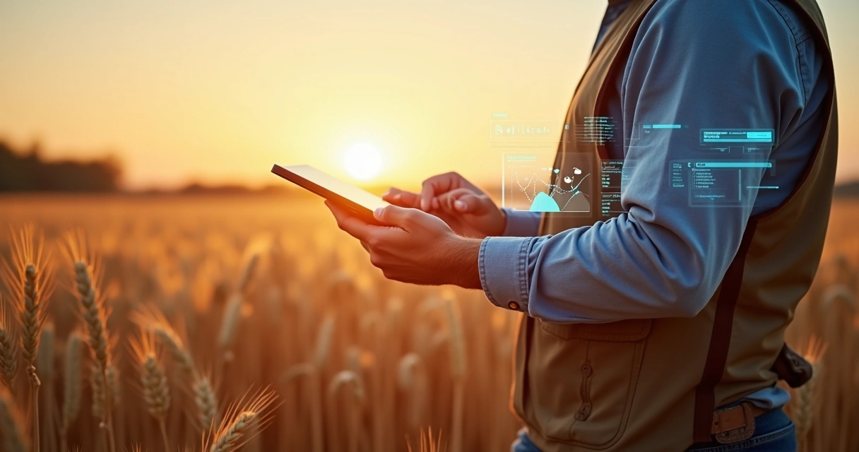 Grãos em um campo com gráficos digitais sobrepostos na terra
