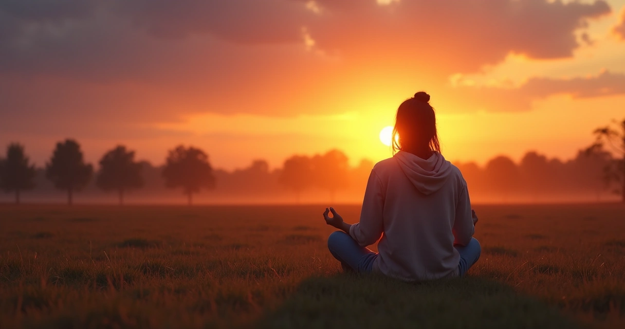 Pessoa meditando sozinha em um campo ao pôr do sol 