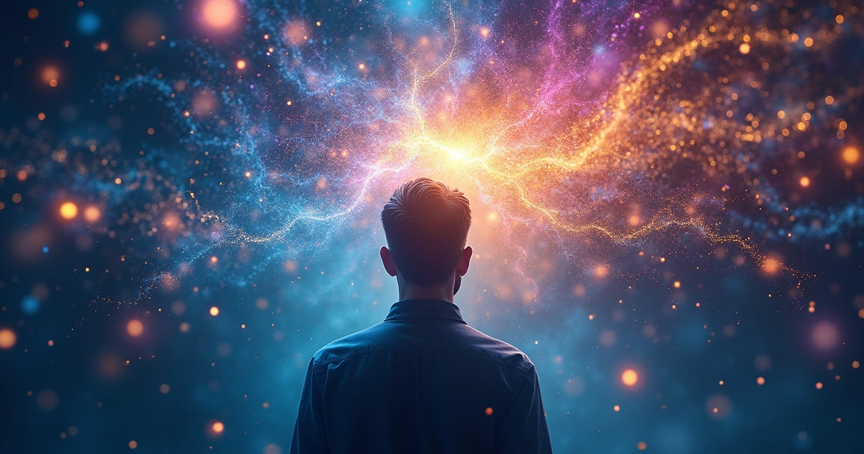 Representação abstrata de campo de atenção com pontos de luz e silhueta humana 