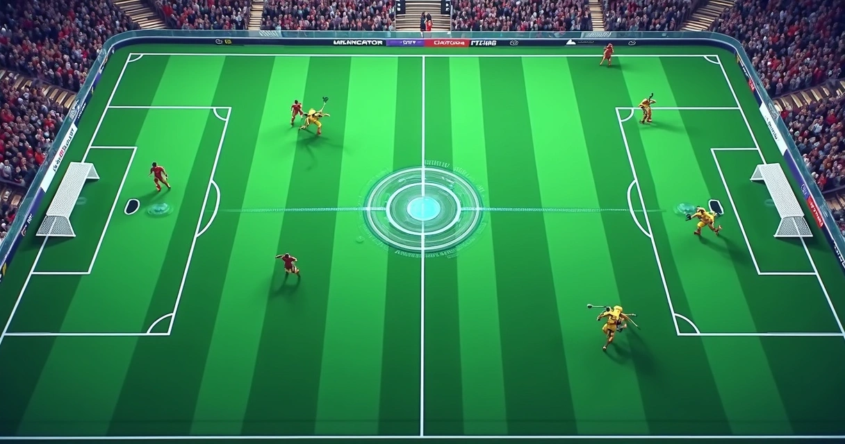 Campo de futebol estilizado com ícones digitais representando defesa, meio-campo e ataque 