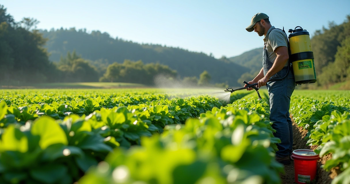 Agricultor aplicando bioinsumos em cultivo orgânico 