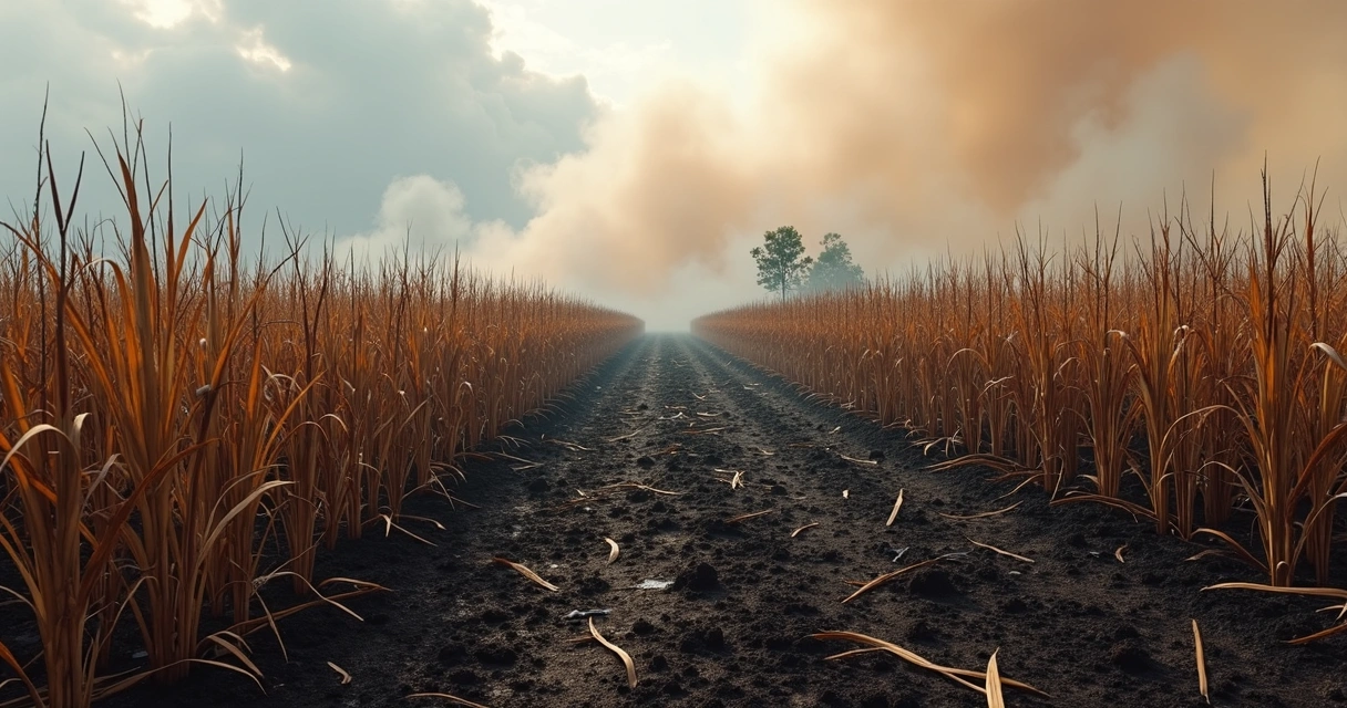 Campo de cana-de-açúcar queimado e danificado após incêndios em 2025 