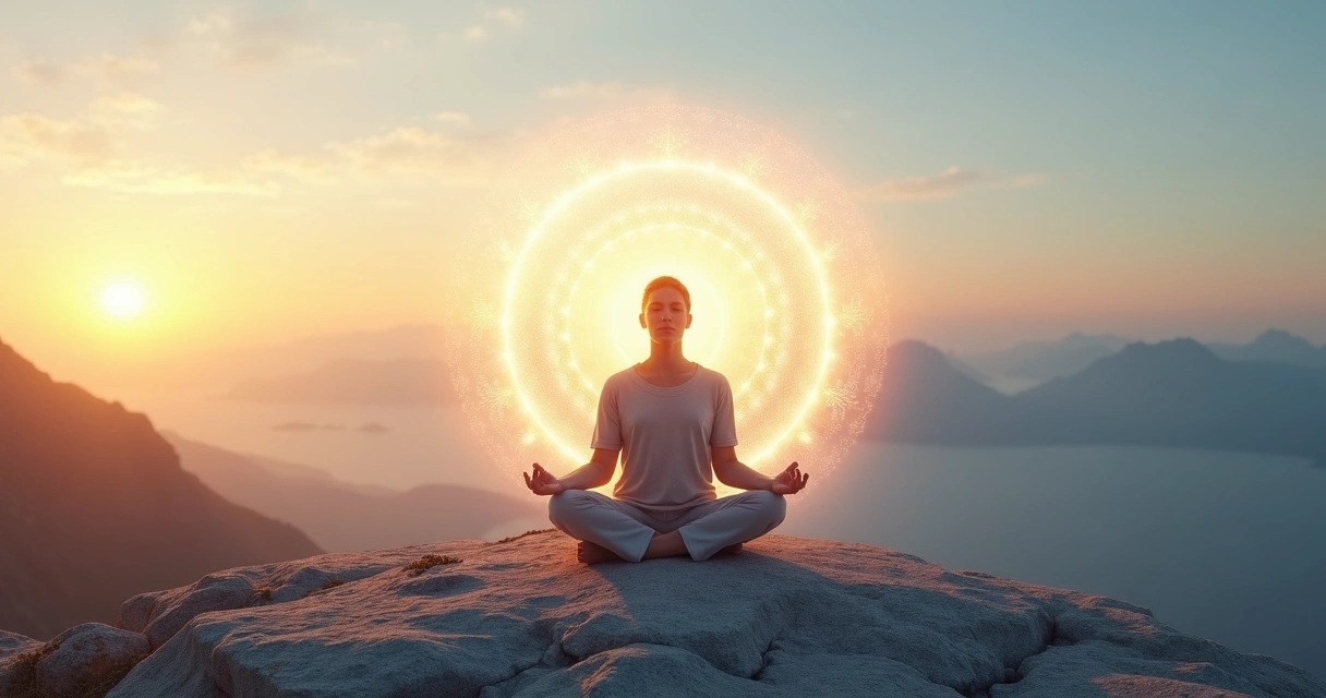 Pessoa em meditação com campo de luz expansivo ao redor da cabeça 